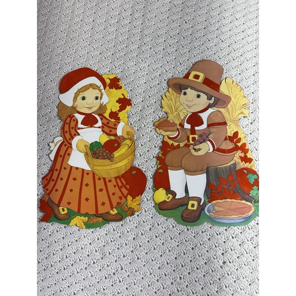 Vintage Thanksgiving Pilgrims 17" Girl Boy DieCut Wall Decoration Flocked Large